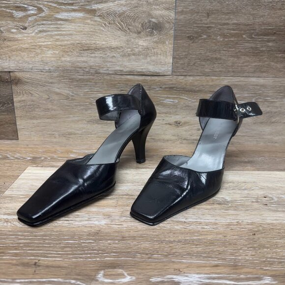 Nine West Black Leather Ankle Strap Heels Women's Size 10 - Picture 1 of 7